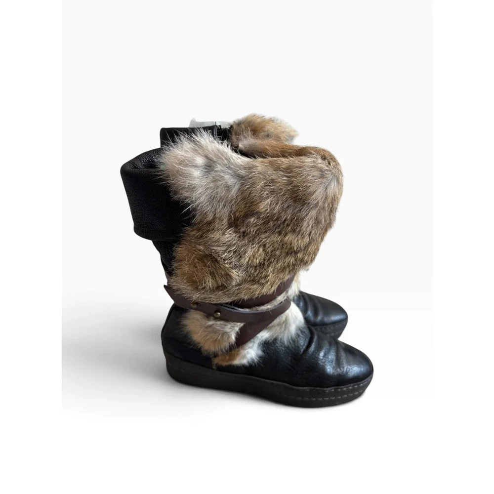 Manas Rabbit Fur Leather Winter Boots 36 Black Après Ski Luxury Boho Gorpcore